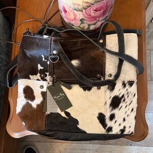 Myra Bag Patchwork Cowhide Tote - Black, Brown & White
